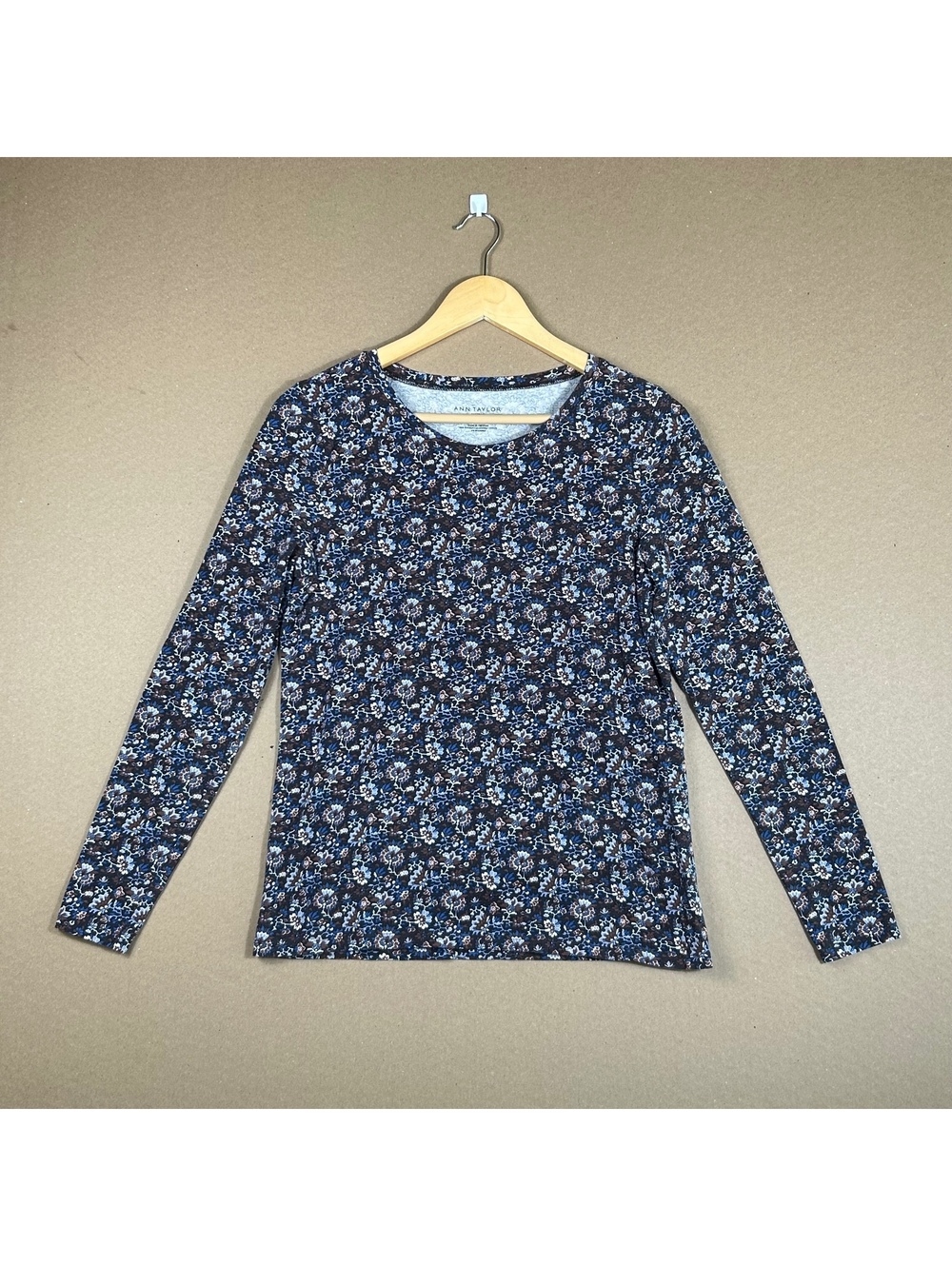Ann Taylor Casual Blue Brown Floral Long Sleeve Knit Top Size Small Boho